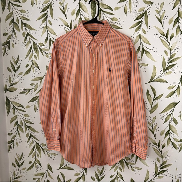 Ralph Lauren Cotton Button Down Shirt. 15 1/2. Medium. Orange and Blue Stripes. - Picture 2 of 8